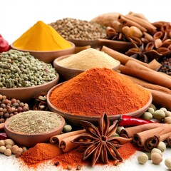 A selection of spices from the spice market on white background