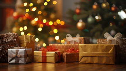 Boxes with New Year's gifts on a festive golden background