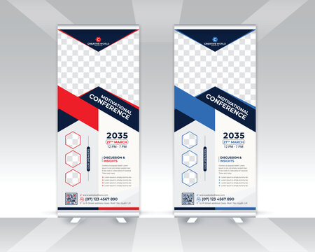 Modern conference colorful roll up banner design template, Meeting roll up banner design, Multipurpose roll up banner template