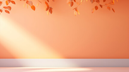 Empty orange light background, wall with soft shadow from leaves