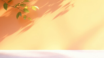 Empty orange light background, wall with soft shadow from leaves