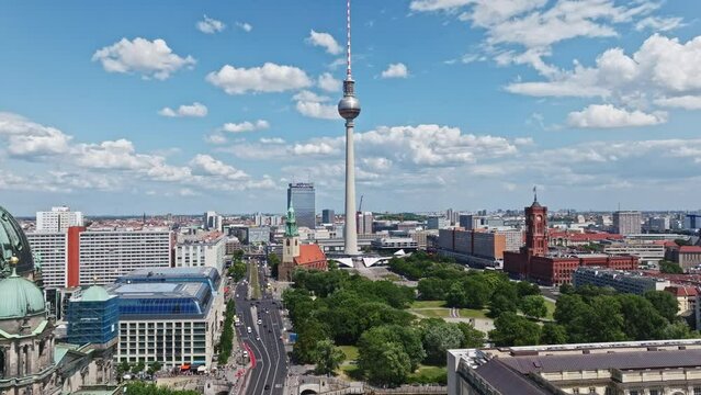 Aerial Drone shot of Berlin tv Tower (Berliner Fernsehturm) , Berlin , Germany