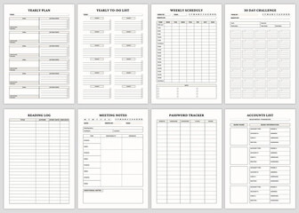 Minimalist planner pages templates. Yearly Plan, Yearly To-Do List, Weekly Scheduly, 30 Day Challenge, Reading Log, Meeting Notes, Password Tracker, Accounts List.