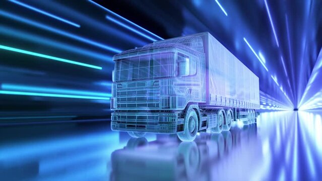 Digital truck hologram moving through a light beam tunnel, colorful laser lights reflect on a futuristic truck driving at near light speed.