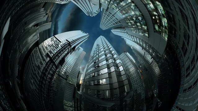 City business district, full spherical panoramic view of office buildings and skyscrapers. 360 degree view of downtown.