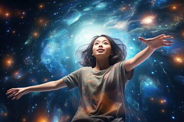 Ethereal voyage through universe. Asian woman bathed in starlight, reaching cosmic sphere.