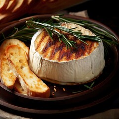 Baked camembert soft cheese. grilled brie with toasts and rosemary