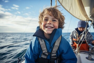 Smiling boy on the deck of a sailing yacht in the sea