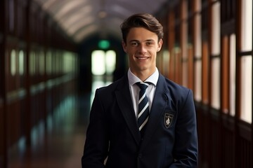 Portrait of a smiling young businessman standing in corridor of office building - obrazy, fototapety, plakaty