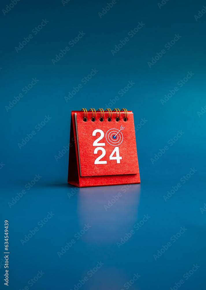 Poster happy new year 2024 vertical background. 2024 numbers year with target dart icon on red small desk c