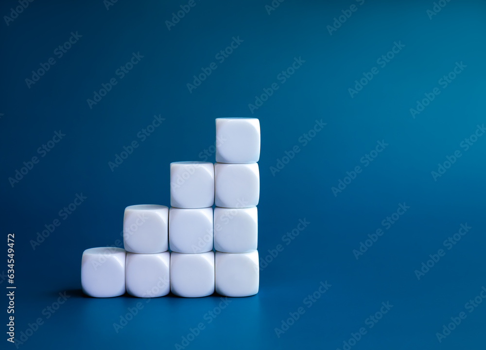 Poster empty white blocks as a graph step stair isolated on blue background with copy space, minimal style.