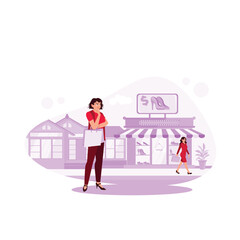 Obraz na płótnie Canvas A young woman who is thinking about something while in front of a shoe store. Trend Modern vector flat illustration.