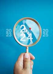 Trends searching, business goals and Happy New Year 2024 concepts. The big white 2024 year number...