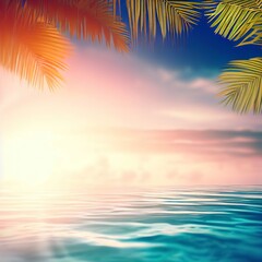 summer sea with leaves palm at sunset and copy space, sky relaxing concept, beautiful tropical background for travel landscape