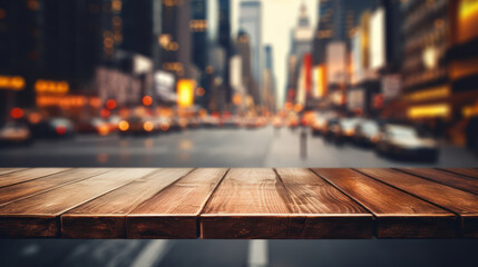Empty wooden table top with blur background of a street 