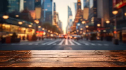Foto op Aluminium Empty wooden table top with blur background of a street  © red_orange_stock