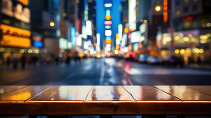 Empty wooden table top with blur background of a street 