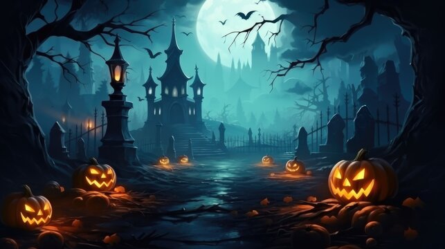 Halloween celebration background with pumpkin monster, light, and other decorations.	