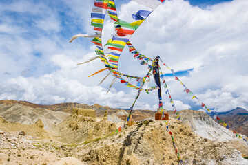Prayer Flags Flying in the desert wind of Lo Manthang, Upper Mustang in the Himalayas of Nepal