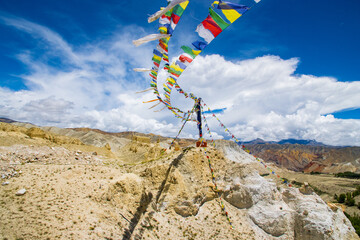 Prayer Flags Flying in the desert wind of Lo Manthang, Upper Mustang in the Himalayas of Nepal