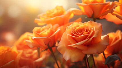 mehrere orangene Rosen in Blütezeit. Querformat. Generative Ai.