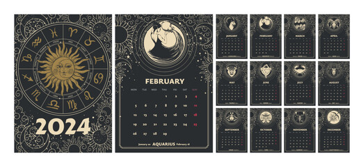 Zodiac signs calendar 2024 week starts on Monday, A4 vertical astrological printable templates, black mystical universe background. Hand drawn vector illustration.