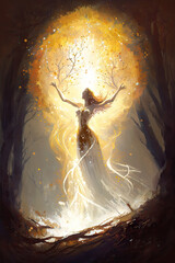 Mystical image of a woman in a long white dress.