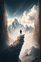 Man standing on the edge of a cliff. This is a 3d render illustration