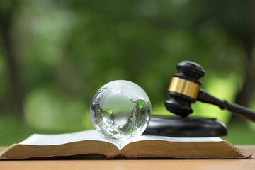 Environment Law. Globe Glass placed and gavel on a law book. law for principles of sustainable...