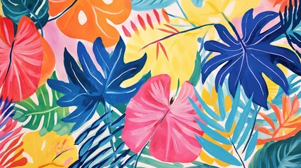 Fotobehang Hand-painted cartoon abstract art tropical leaves pattern background material © LELISAT