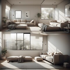room interior with light sofas and pillows, bright interior