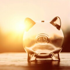 glass piggy bank with sunset light in saving money concept on wood table