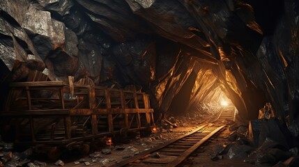 Mine tunnel inside view, cave with railway, rocks, stone shaft with wooden