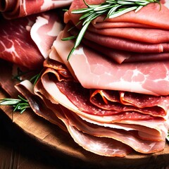 Italian slices of coppa, capocollo, capicollo, bresaola or cured ham with rosemary. raw food - obrazy, fototapety, plakaty