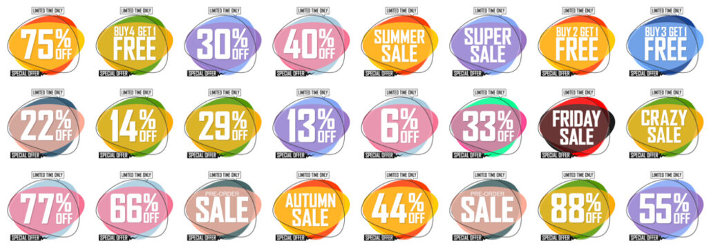 Sale banners design template, discount tags. Set promo icons for online stores, vector illustration