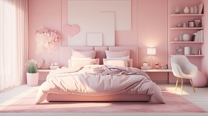 Pink bedroom with delicate decor. Room with furniture, bed, nightstand, carpet and large bright windows