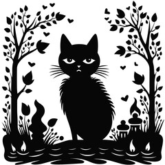 Folk Noir Black Cat silhouette and Trees
