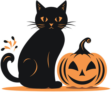 Black cat and halloween pumpkin