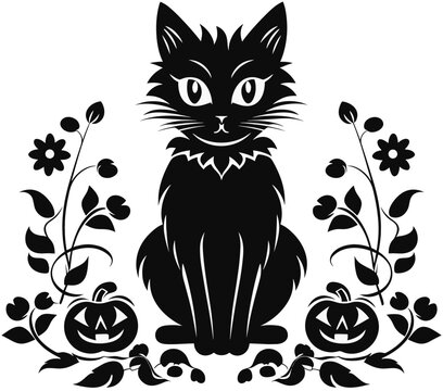 Black cat with flowers and pumpkins