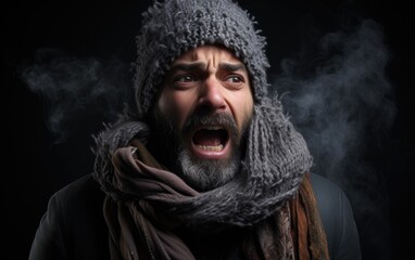 Obraz premium Ill Health: A portrait of a man whose symptoms of a cold are visible in a sneeze.