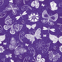 Vector seamless spring delicate violet pattern with openwork butterflies and flowers and mandala