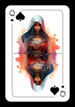Queen of spades. Playing card design, pop style, vibrant colors, ai generated