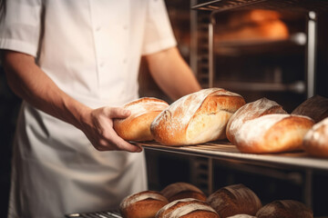 Hands of a professional chef with a tray of freshly baked bread