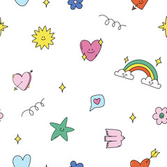 Beautiful vector kid seamless pattern with cute hand drawn little colorful flowers arrow hearts stars rainbows. Stock illustration.