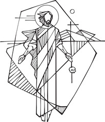 Hand drawn illustration of Risen Jesus.