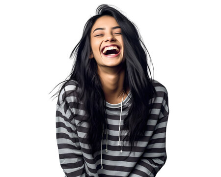 Black-Haired Girl Laughing Isolated on Transparent Background