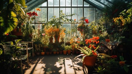 tropical flowers in a greenhouse