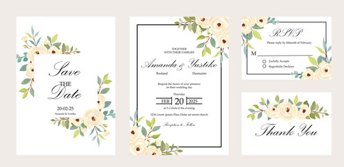 Fototapeta na wymiar Set of cards with white roses. Wedding ornament concept. Flower poster, invite.