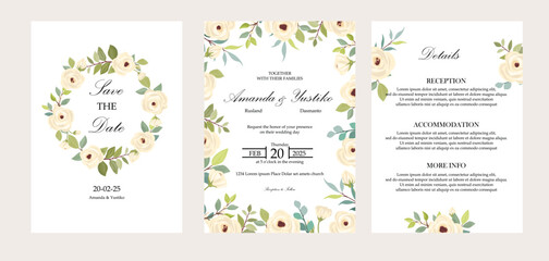 Fototapeta na wymiar Set of cards with white roses. Wedding ornament concept. Flower poster, invite.