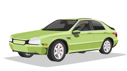 Concept vector illustration of detailed perspective view of a flat green car. Driver mand drive car. With shadow of car. Can view interior of car. Isolated white background.